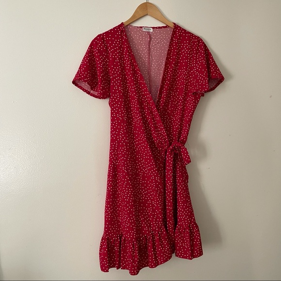 V-Neck Polka Dot Wrap Short Sleeve Mini Dress - Picture 3 of 7